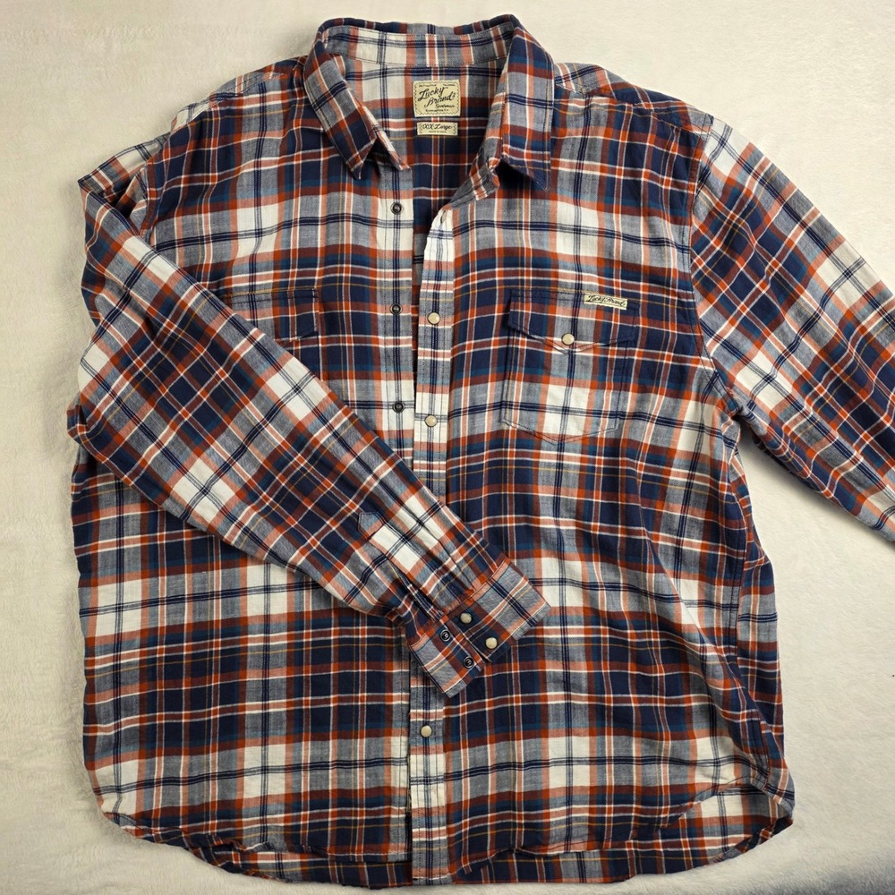 Lucky Brand Western Snap Shirt Mens XXL Blue Orange Plaid Excellent Long Sleeve‎